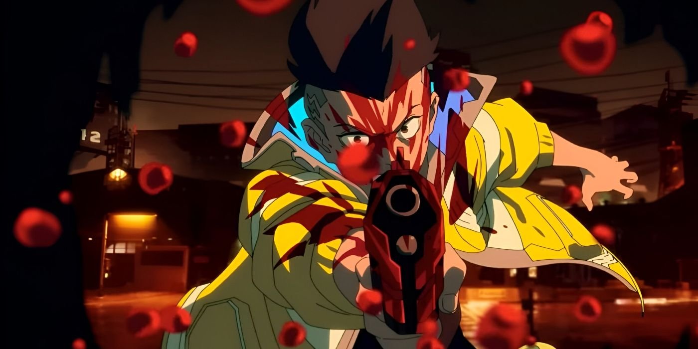 David shoots a gun as blood splatters over him from Cyberpunk: Edgerunners.
