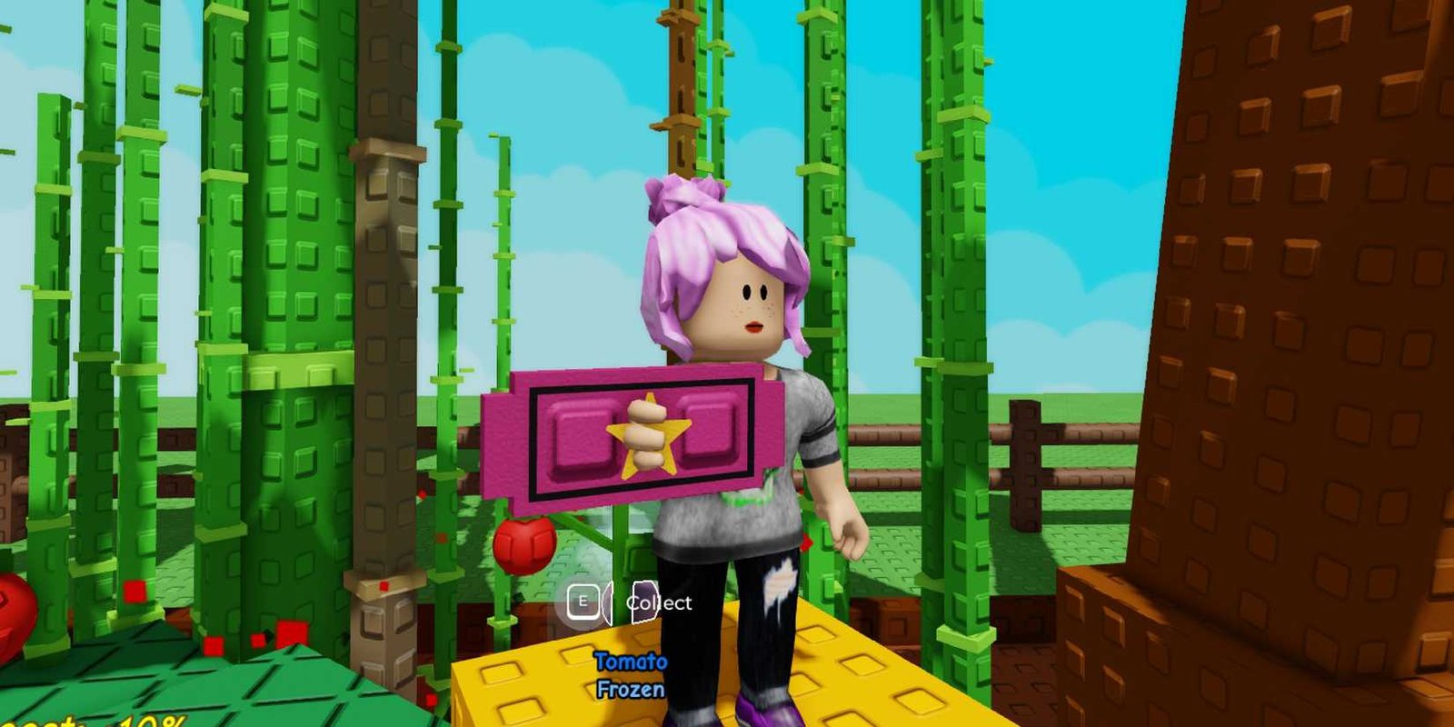 Roblox grow a garden player standing in a garden and holding a trade ticket