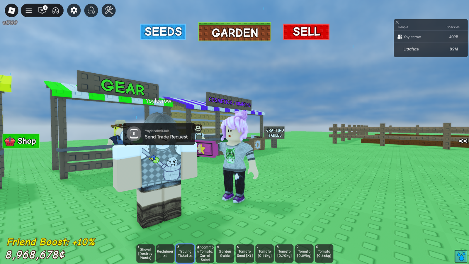 Roblox grow a garden player holding a trading ticket toward another  in front of the Gear shop