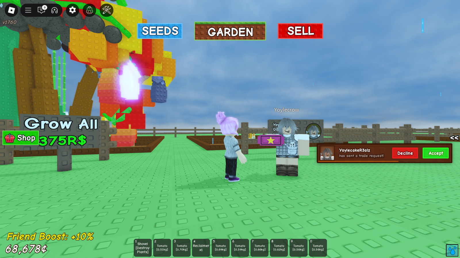 Grow a Garden Roblox player holding a trading ticket next to another player with a trade request initiated
