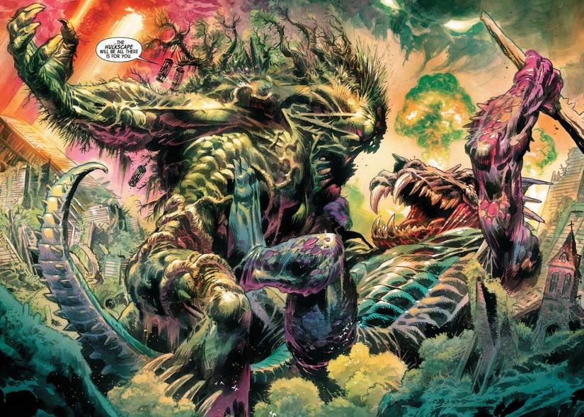 Kaiju-sized Hulk fighting a giant monster in the Hulkscape.