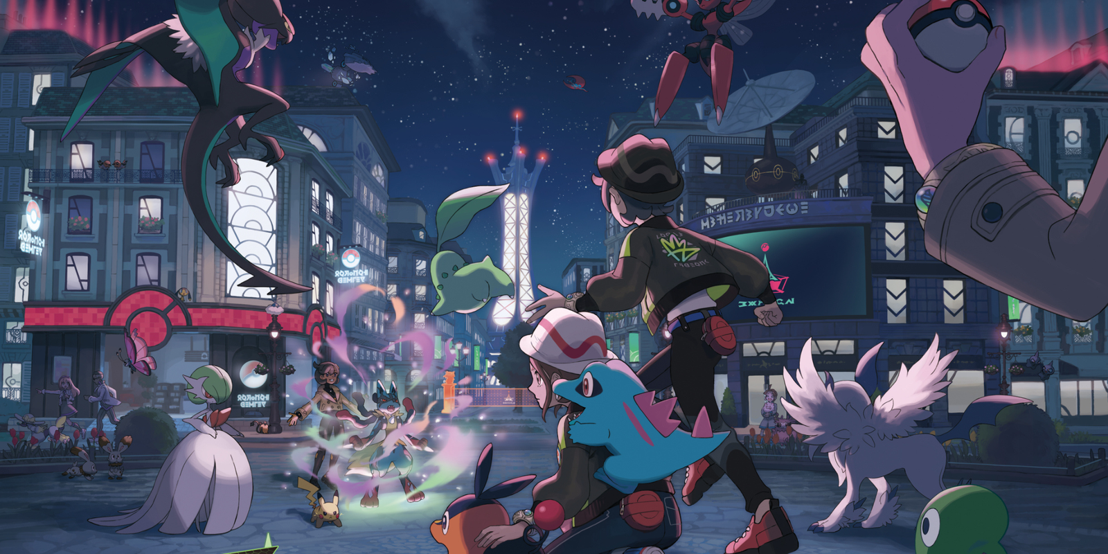 The key art for Pokemon Legends Z-A featuring two trainers surrounded by Pokemon in Lumiose City.
