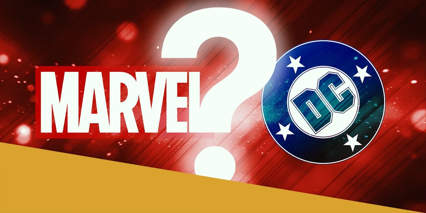 Marvel and DC Logos Next to a Question Mark