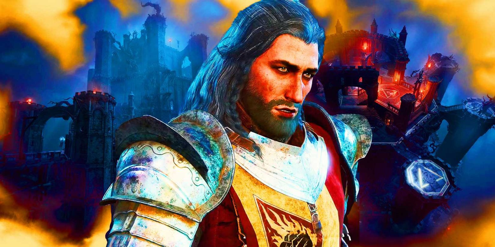 Marcus, a member of the Flaming Fist, in front of background images of Moonrise Towers.