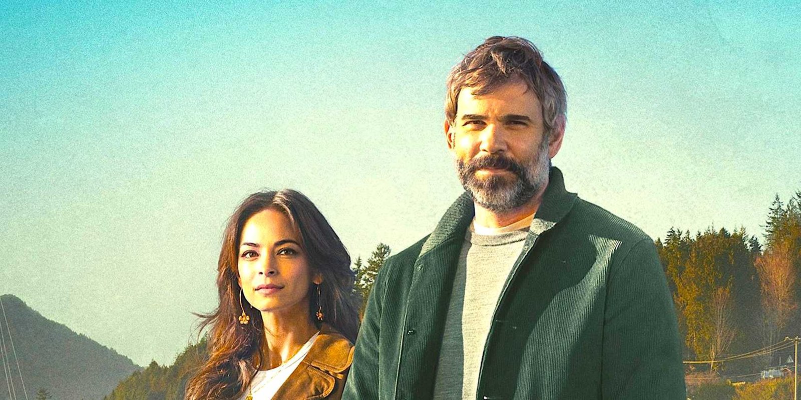 Rossif Sutherland's Alberg and Kristin Kreuk's Lee stand outside in a Murder in a Small Town promo pic