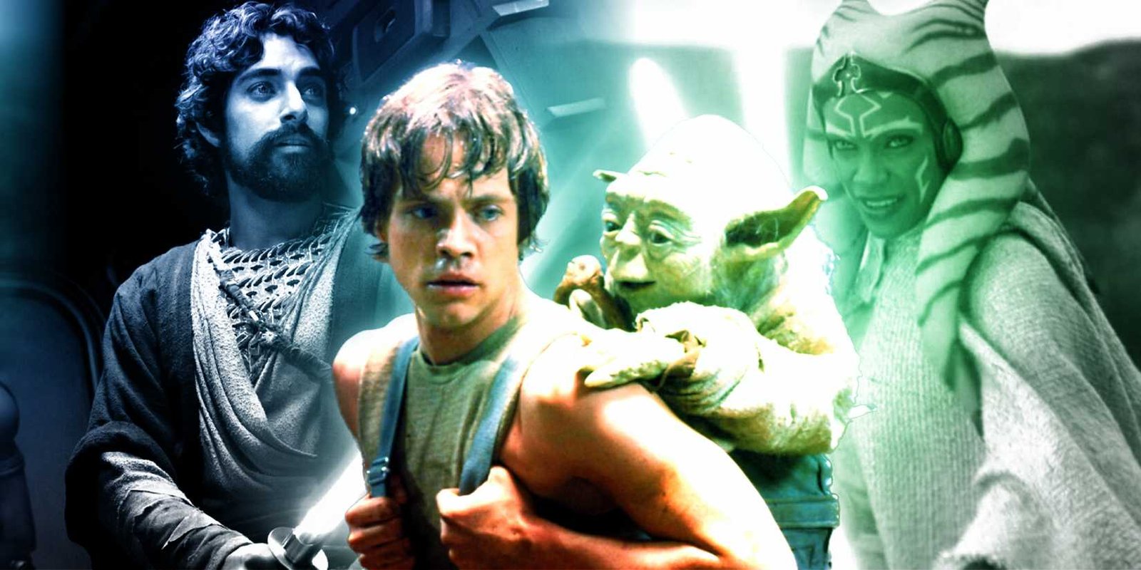 Luke and Yoda train on Dagobah in the foreground, while Ezra and Ahsoka wield their lightsabers in the background.