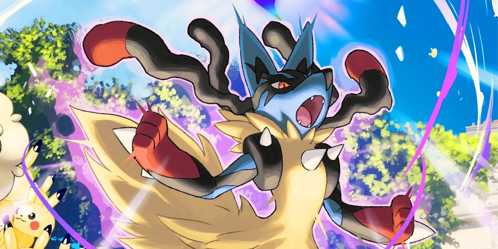 A Mega Lucario shows its power in Pokémon.