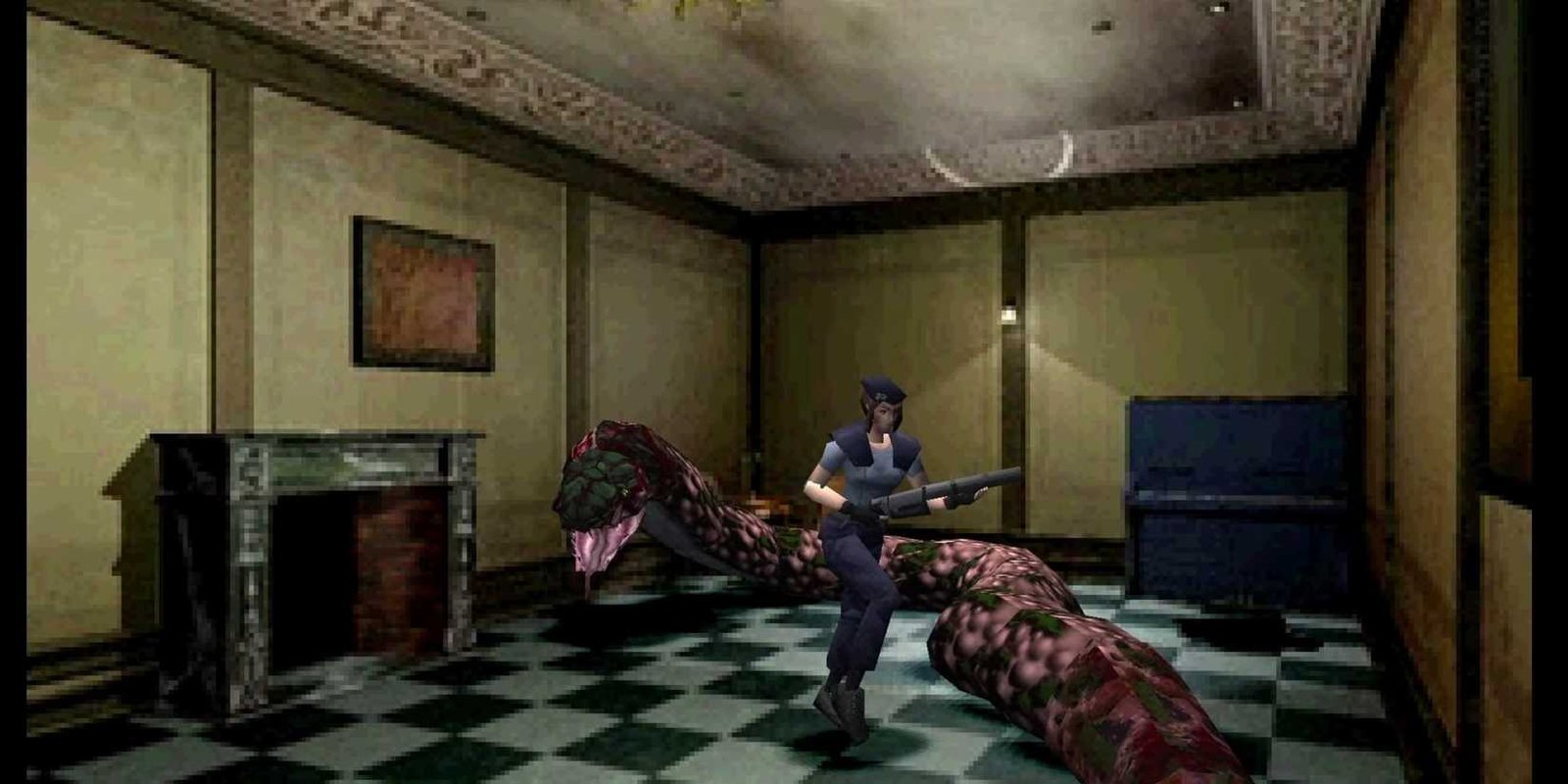 Jill trying to get away from Yawn in Resident Evil 1 Classic.
