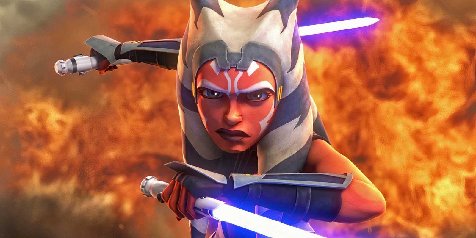Ahsoka Tano wields her two lightsabers on Mandalore with an explosion at her back during the Siege of Mandalore.