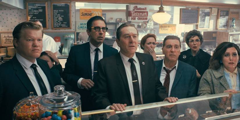 Jesse Plemons as Chuckie with the rest of the cast from the Irishman including Ray Romono, Al Pacino, Robert De Niro
