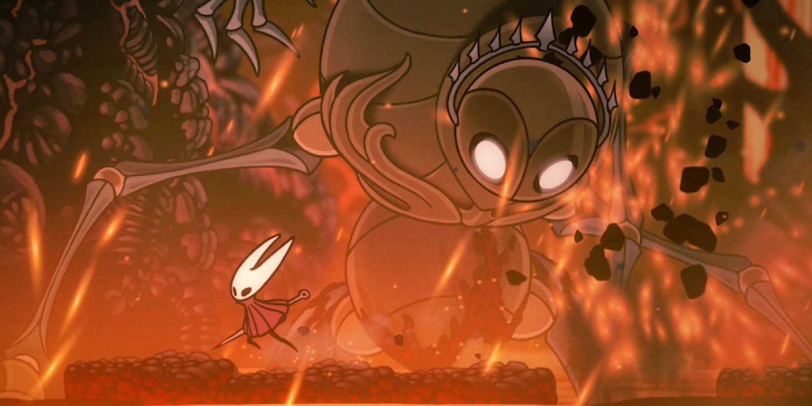 Silksong screenshot closeup of hornet fighting against a big bug-like enemy