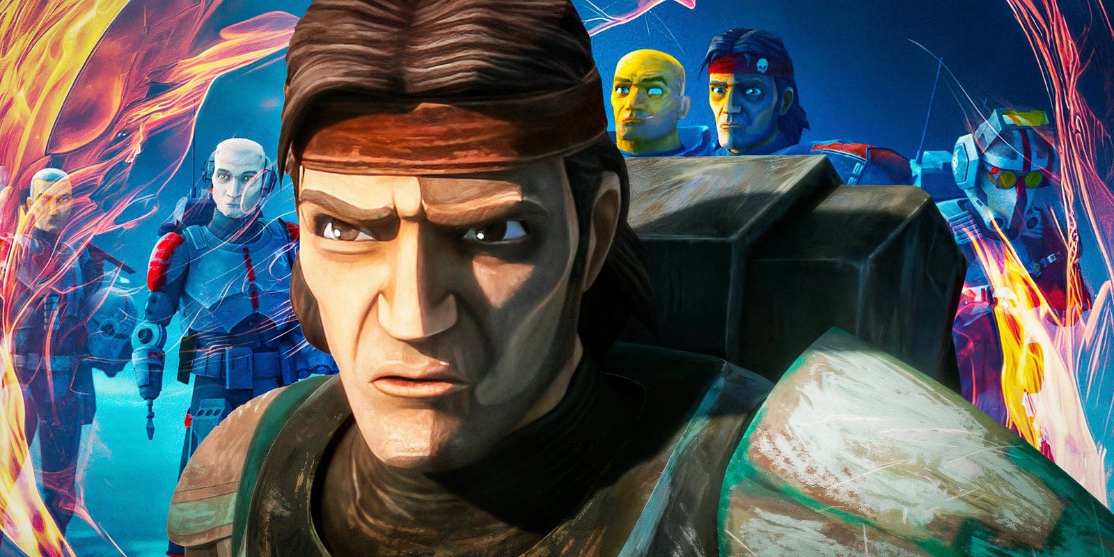 Star Wars' Upcoming Story Is Basically A Bonus Episode Of My Favorite TV Show 2 Hunter looks angry, edited over the rest of Clone Force 99 standing on Kaller.