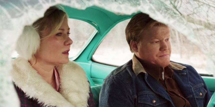 Kirsten Dunst and Jesse Plemons sitting in their car with a broken windshield in Fargo Season 2
