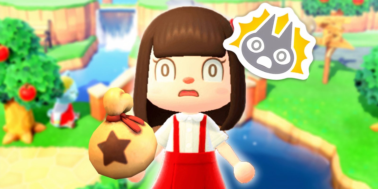 Surprised animal crossing new horizons player with the surprised reaction and a bag of bells