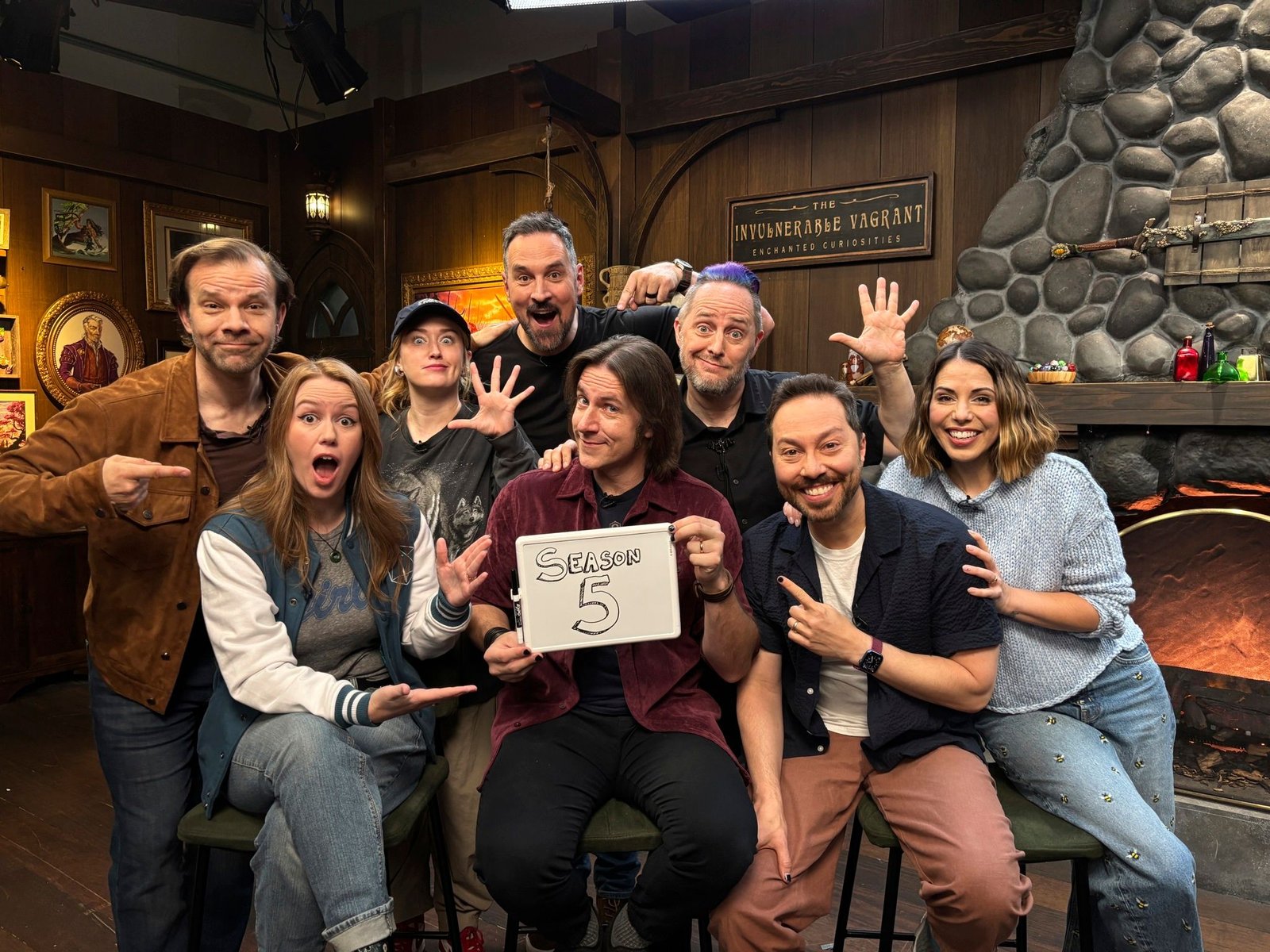 The Legend of Vox Machina cast with season 5 whiteboard
