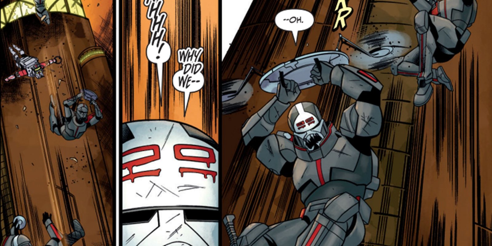 The Bad Batch use special discs as they jump out of a tower to evade Aurra Sing and her droid forces, featuring Wrecker prominently.