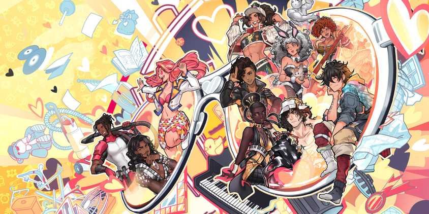 Which Date Everything! Character Are You Based Off Your Zodiac Sign? 2 Date Everything key artwork with characters coming out of a pair of glasses and household objects around