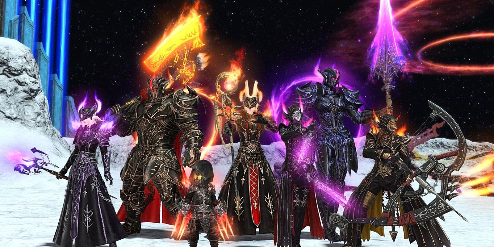 Several Final Fantasy 14 characters wear dark-colored armor from the Abyssos Raids.