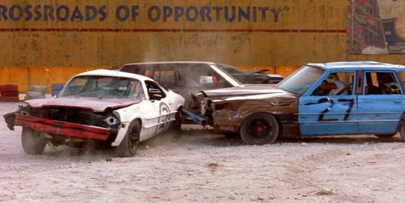 A car rams into an opponent at the demolition derby in 2 Fast 2 Furious.