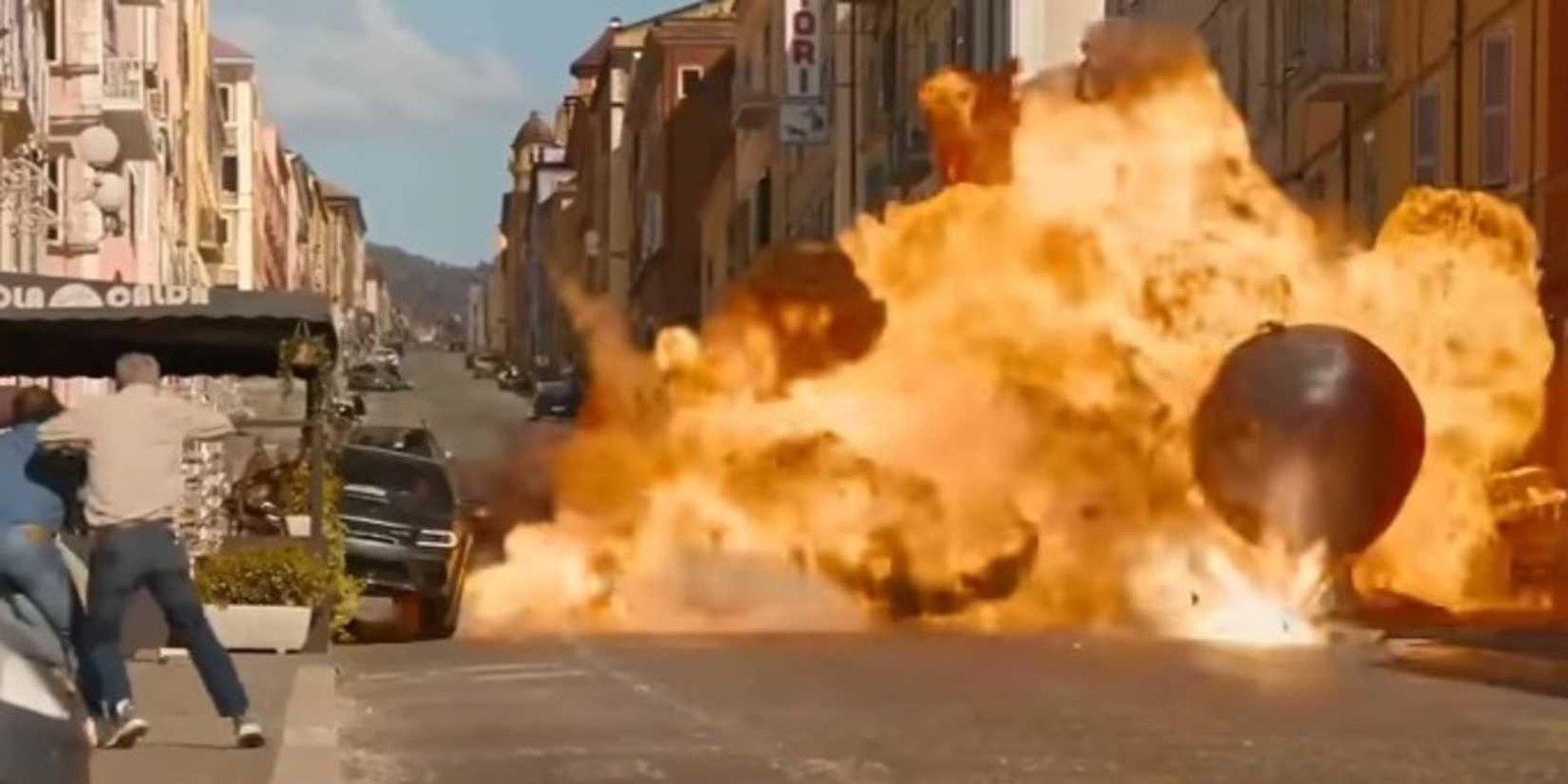 The bomb rolling down the street in Rome in Fast X (2023)