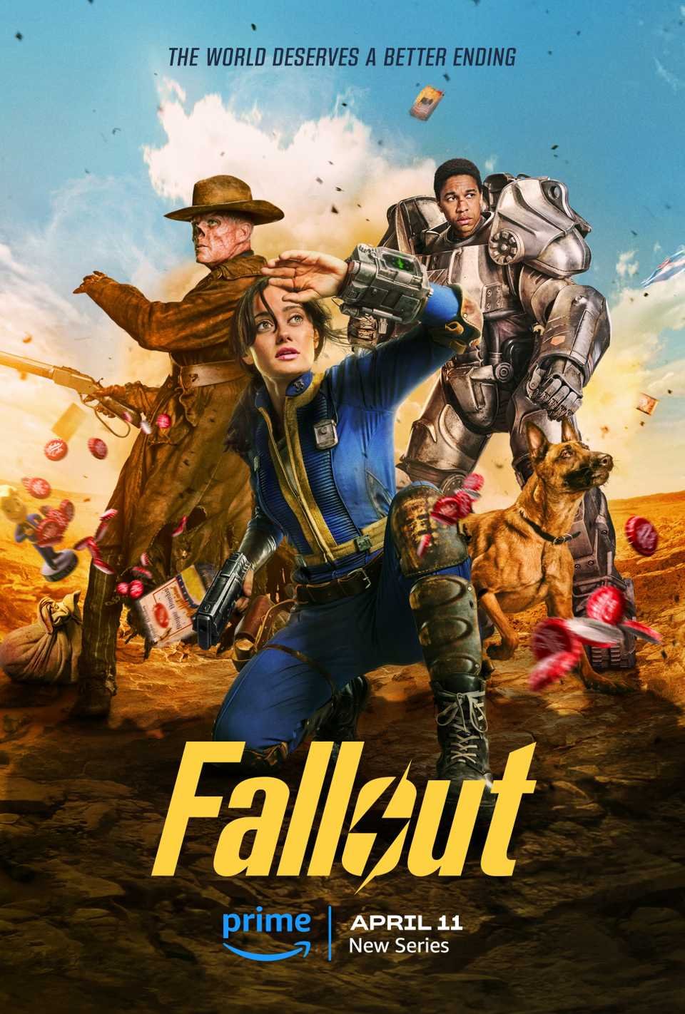 Fallout Season 2 Anticipation Builds Amid Streaming Resurgence 3 Fallout TV Show Poster Showing Lucy, CX404, Ghoul, and Maximus in Front of an Explosion with Flying Bottle Caps