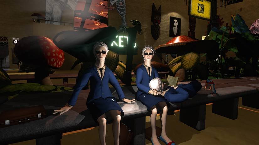 Three people in suits sitting on a bench in off-peak