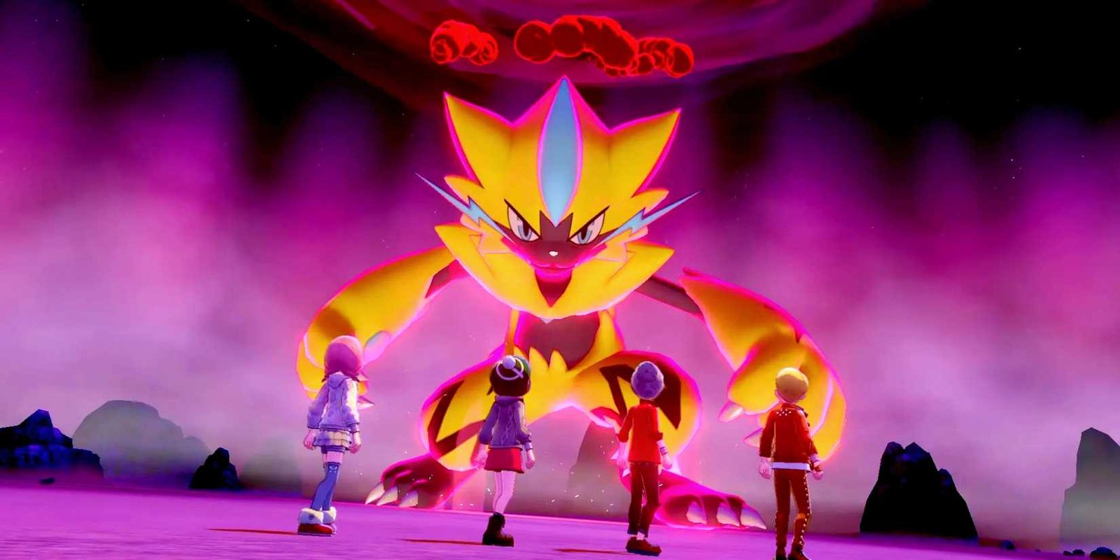 Four trainers in Pokemon Sword and Shield standing in front of a Dynamaxed Pokemon.