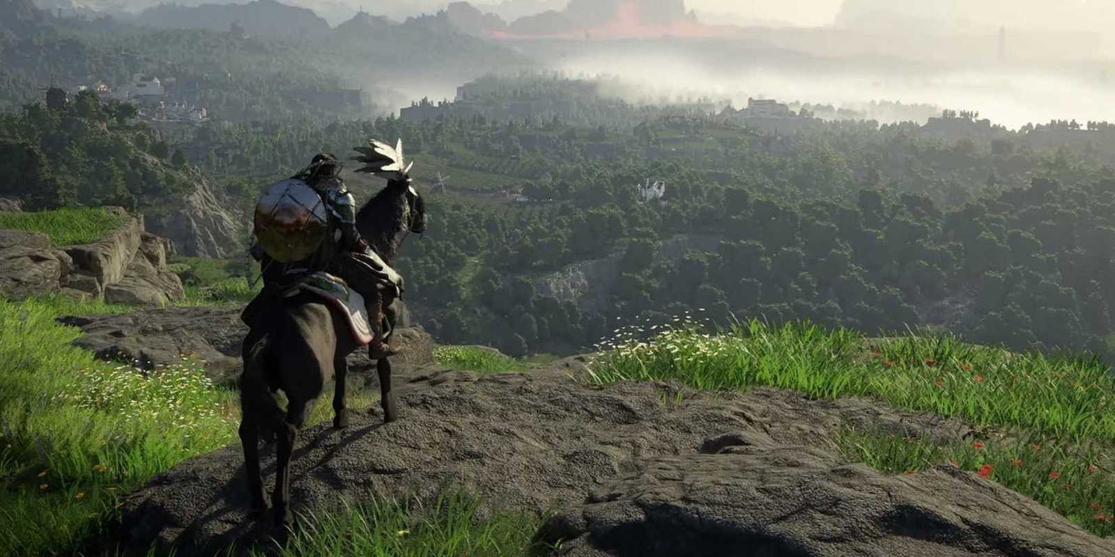 The protagonist of Crimson Desert on a horse looking at a distant forest.