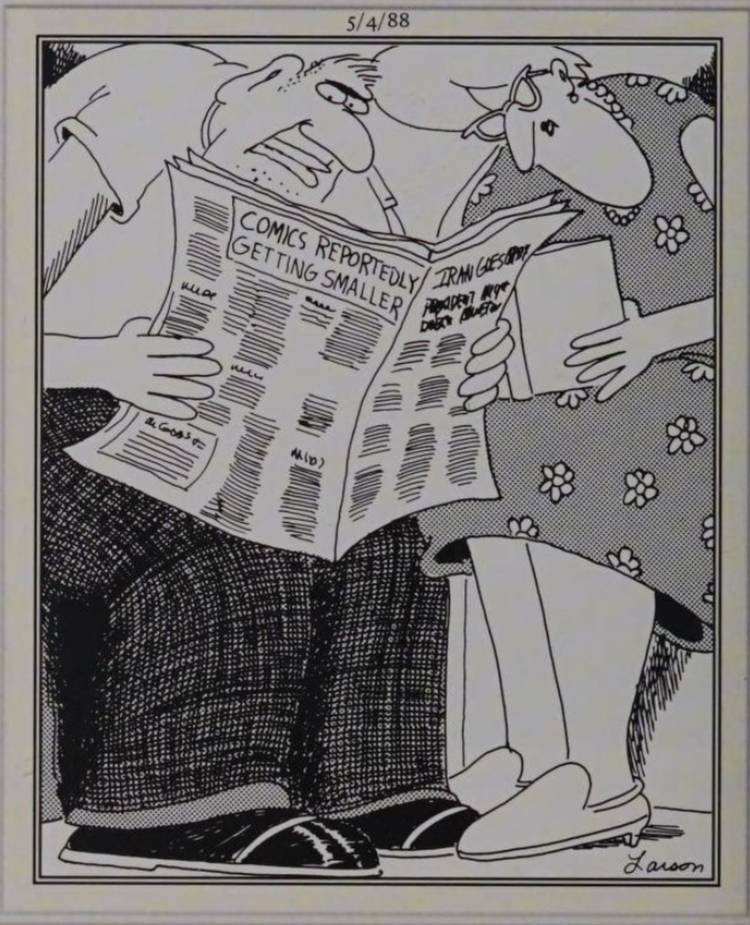 Far Side, May 4, 1988, characters slouching to fit into the comic frame
