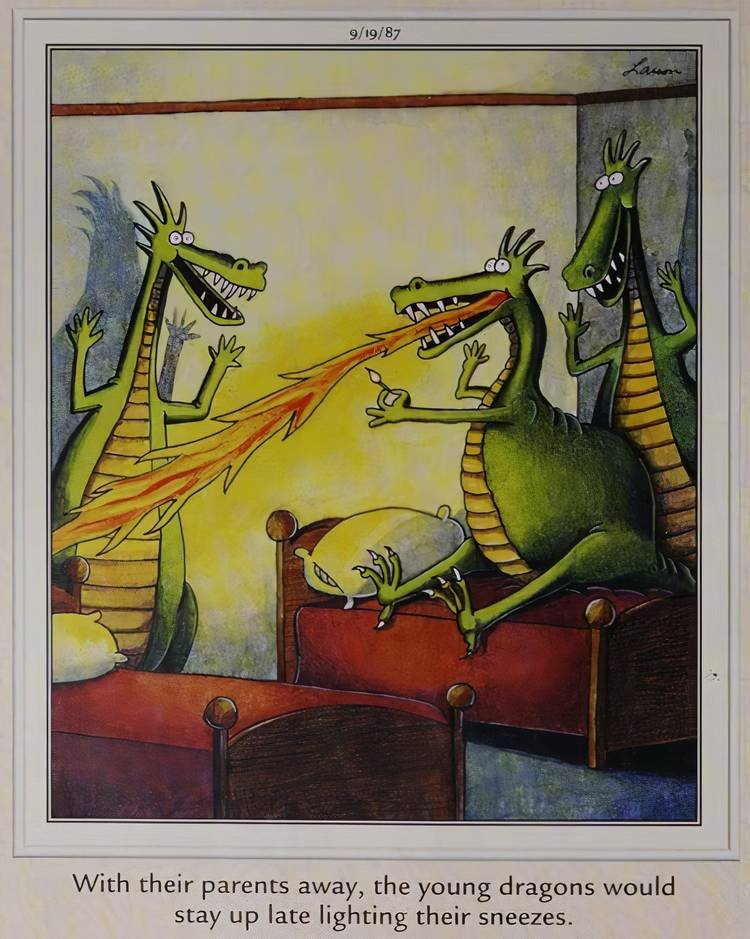 Dragons lighting their sneezes on fire in their bedroom in The Far Side.