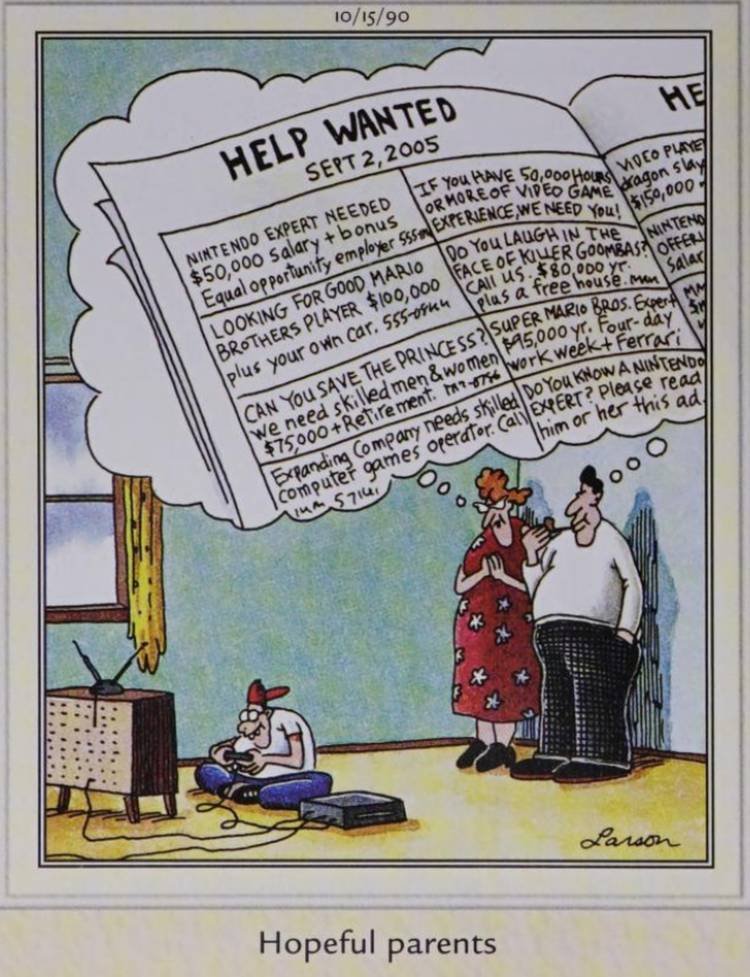 Far Side, October 15, 1990, parents imagine their kid's future job hunt