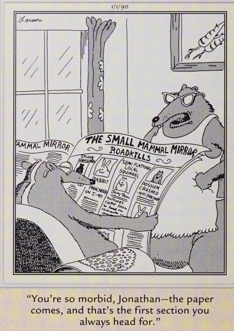 Far Side, January 1, 1990, a skunk opens right up to the obituaries section of the newspaper
