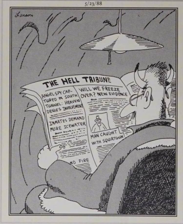 Far Side, May 23, 1988, the Devil reading the Hell Tribune