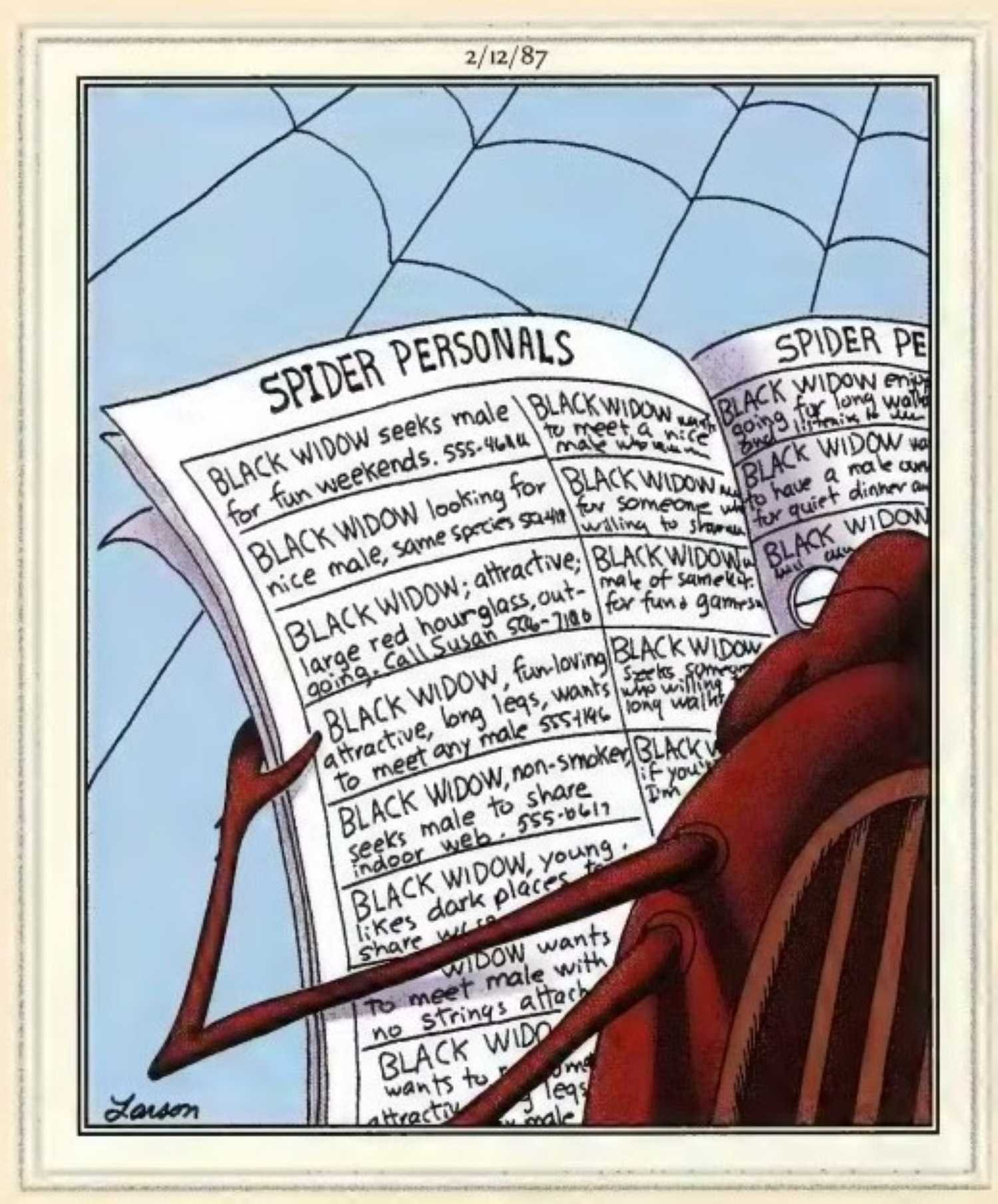 Far Side, February 12, 1987, the spider personal ads are all black widows.