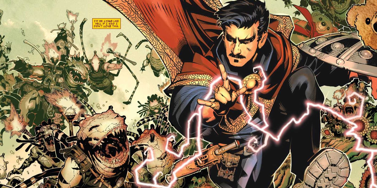 Doctor Strange being chased by monsters and using magic from his hands to fight them.
