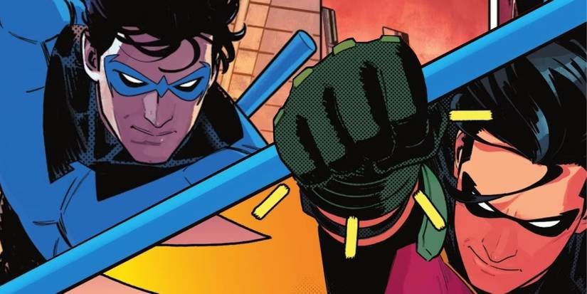 Nightwing in costume on the left and Tim Drake's Robin on the right 