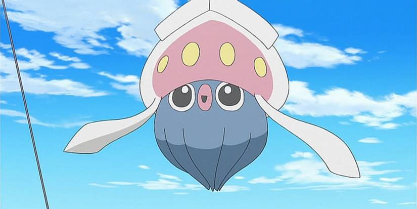 Inkay happily floating in the air in the Pokémon anime.