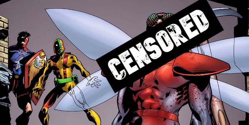 A censored image of Swatto from The Boys with a pickaxe driven through his skull.