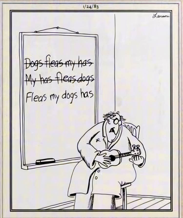 Far Side, January 24, 1983, man struggles to write a song