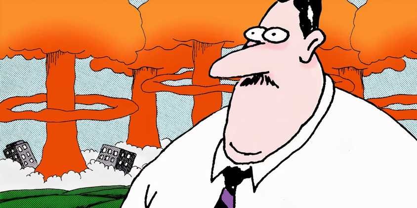 A man with nuclear explosions going off behind him in The Far Side.