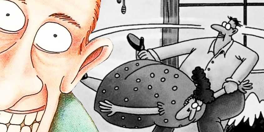 Far Side wide-eyed man (left, foreground); a man swinging his wife by her limbs in the background