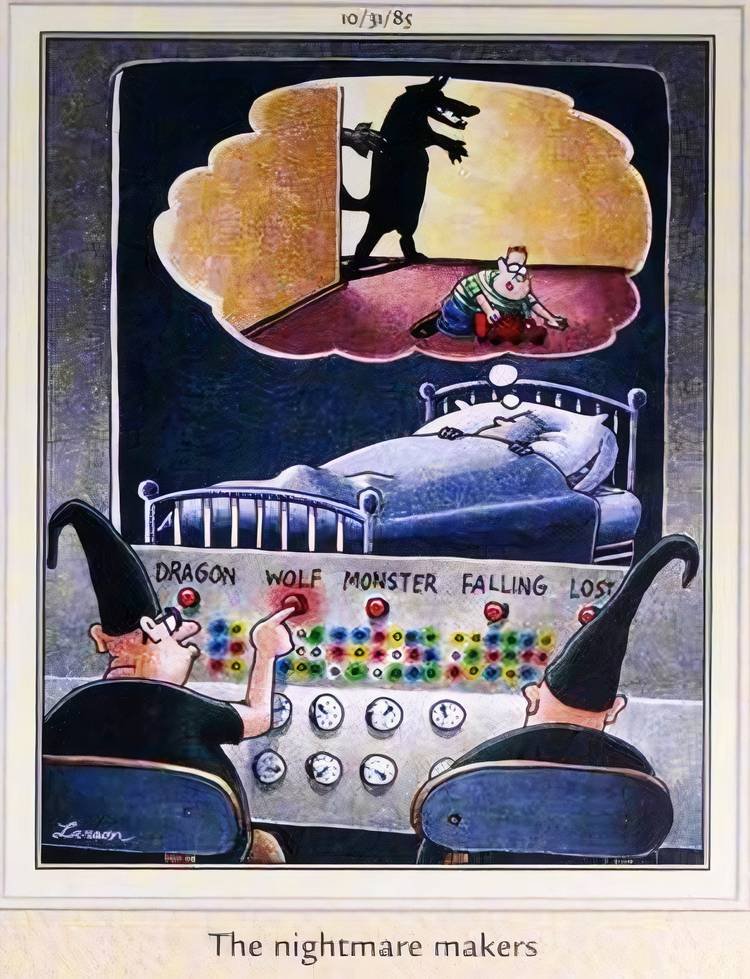 Far Side, October 31, 1985, the 'nightmare makers' remotely traumatize a young child