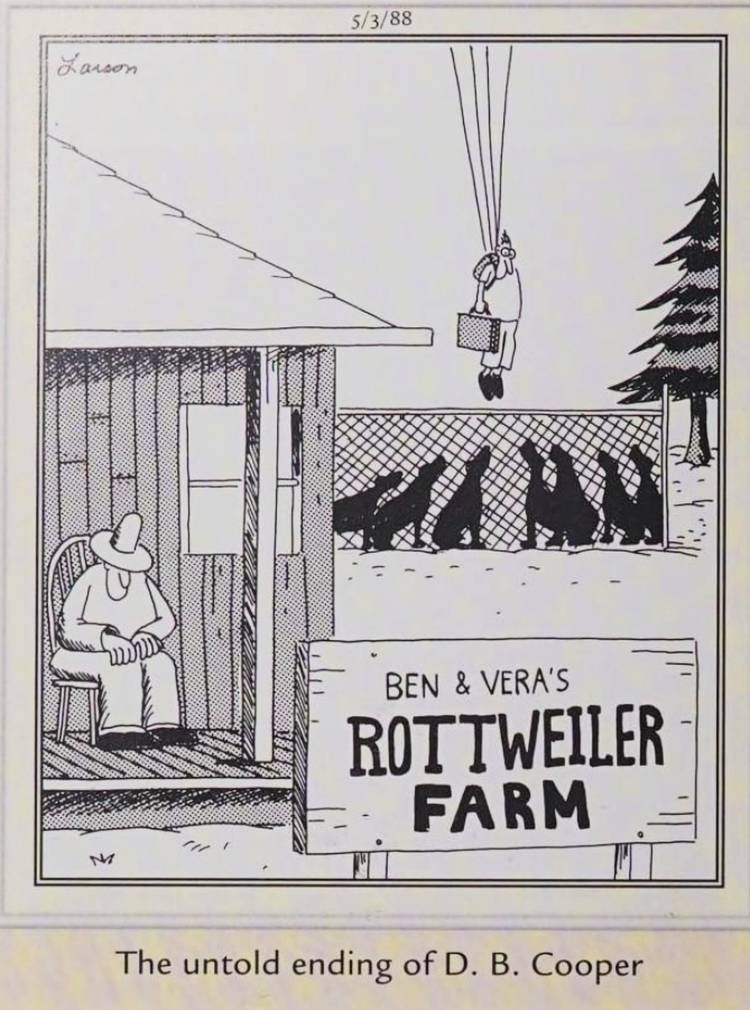 Far Side, May 3, 1988, captioned 'the untold ending of DB Cooper'