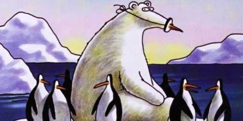 FAR SIDE POLAR BEAR ALONGSIDE PENGUINS