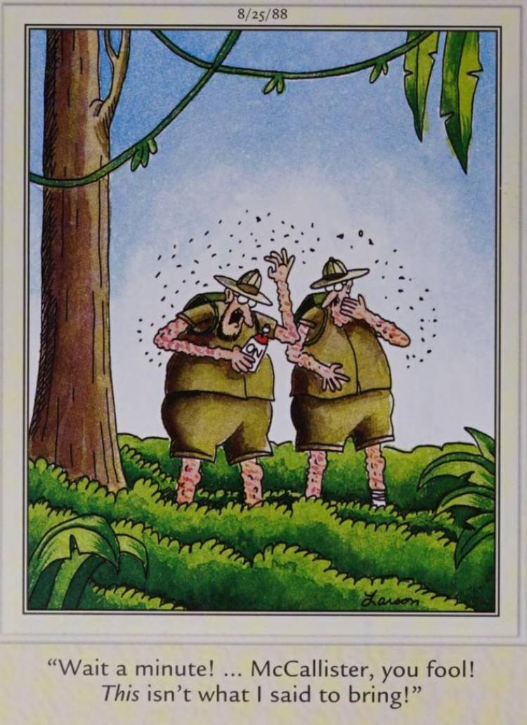 Far Side, August 25, 1988, characters brought the opposite of mosquito repellent on safari