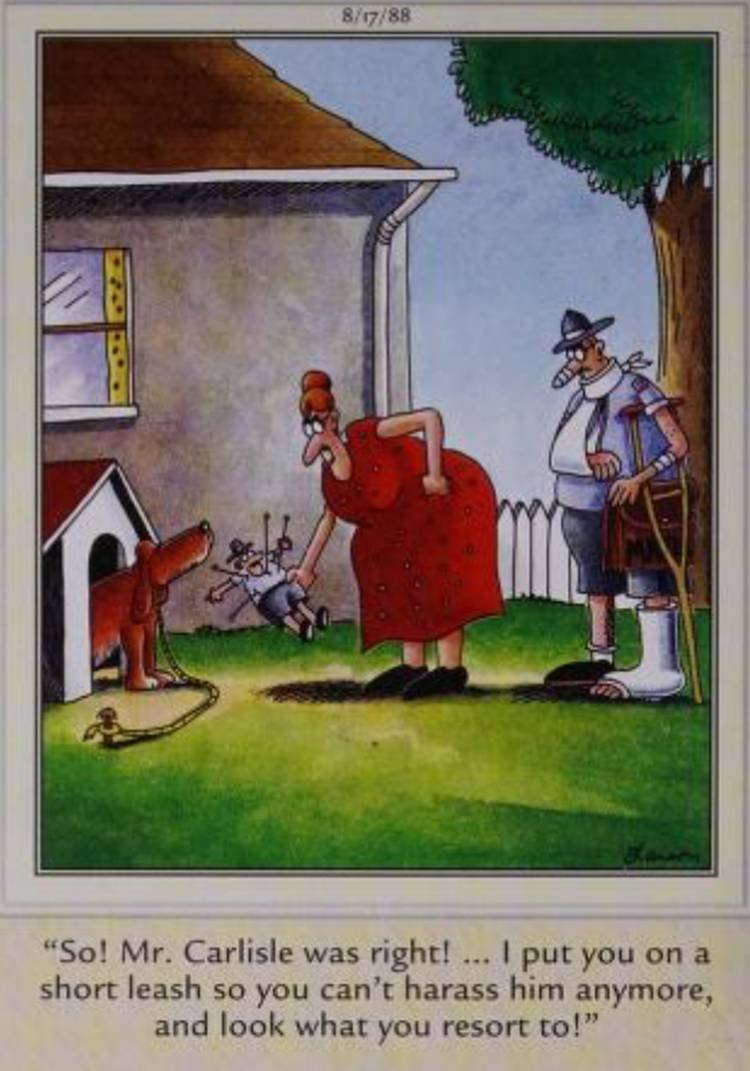 Far Side, August 17, 1988, a dog uses a voodoo doll of a mailman