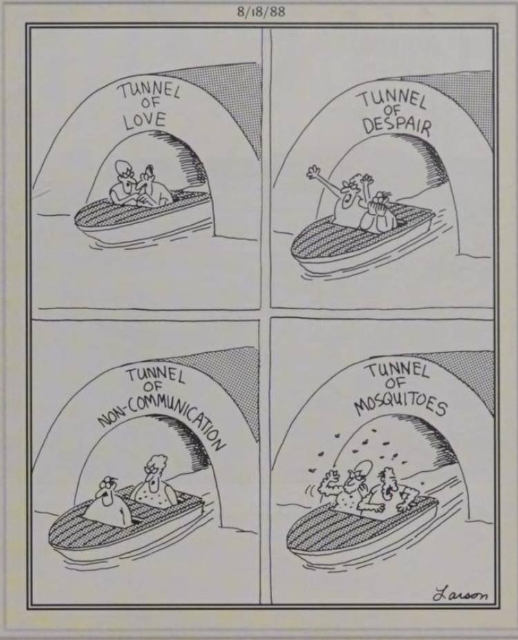 Far Side, August 18, 1988, a couple passing through various tunnels