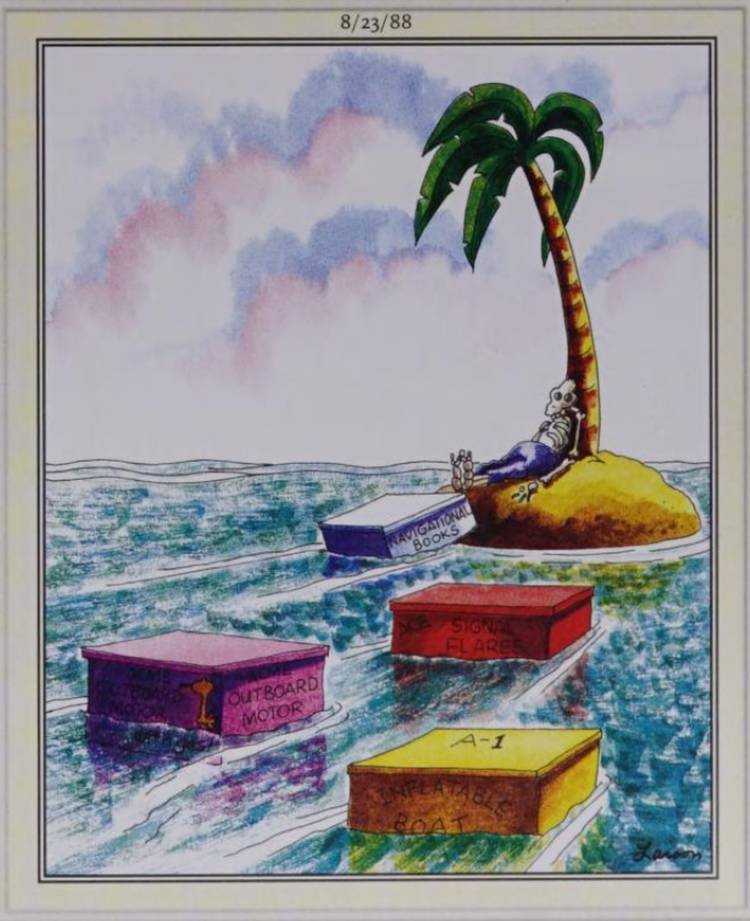 Far Side, August 23, 1988, helpful supplies float up to an island where a skeleton lies on shore