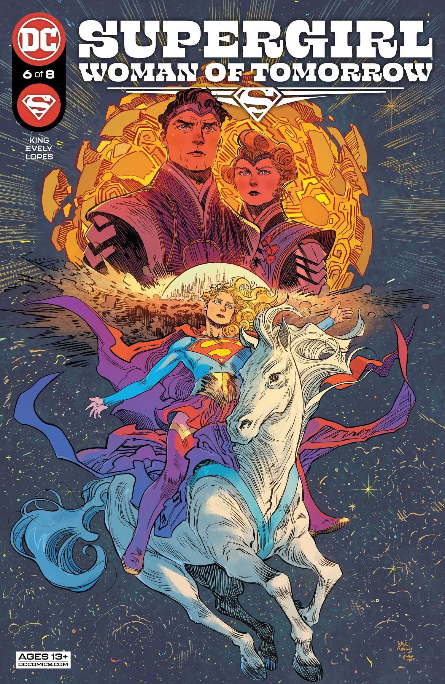 Supergirl sits atop the back of Cosmo, a white horse with a red cape. Above her, the stern visages of her parents stare down at her, noble and austere.