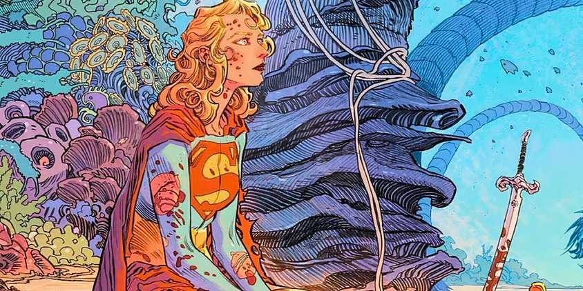 A bloodied and disheveled Supergirl sits and reflects in the Supergirl Woman of Tomorrow comic